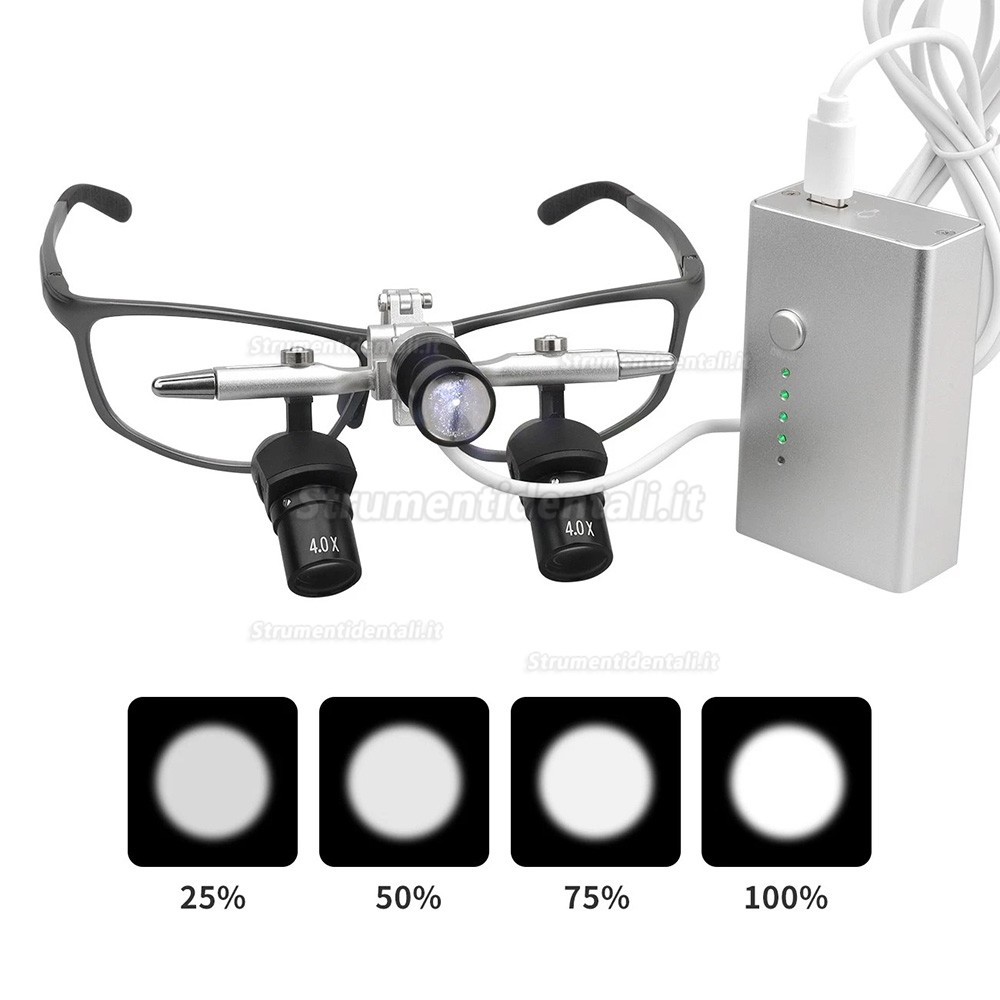 Occhiali ingrandenti Ergo dentali 4,0X 48&deg; con regolazione della distanza interpupillare + Faro LED 5W